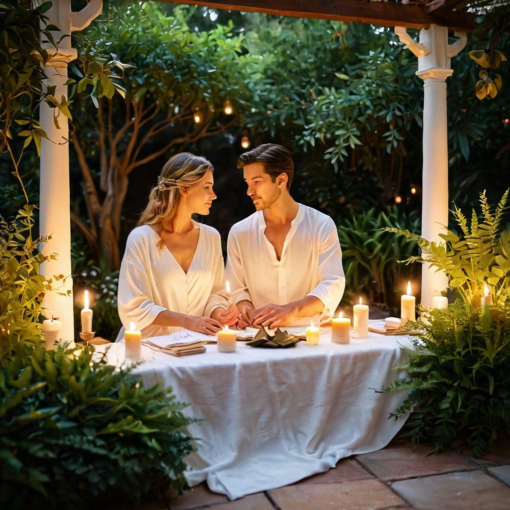 Visualize a serene and intimate setting with a couple sitting closely, surrounded by soft candles and soothing plants. Include flowing fabrics and a warm color palette that conveys comfort and connection. Illustrate subtle elements of passion, such as intertwined hands or gentle eye contact. Add a hint of tranquility, like a peaceful garden in the background. soft focus. vibrant colors. painting.