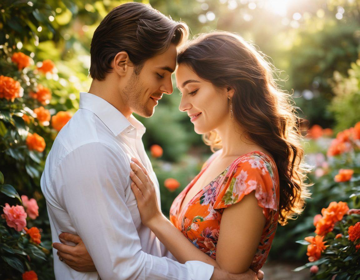 A serene and intimate setting featuring a couple embracing in a lush garden filled with vibrant flowers, soft sunlight filtering through the leaves, symbolizing natural pleasure and connection. Include subtle hints of playful intimacy, like intertwined hands or soft smiles. The ambiance should evoke warmth, tenderness, and emotional depth, inviting viewers to explore healthy relationships. soft focus. vibrant colors. romantic glow.