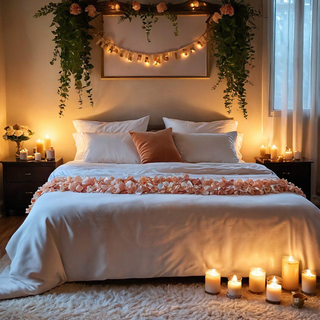 A serene and intimate bedroom setting bathed in soft, warm light, featuring a couple intertwined on a plush bed surrounded by candles and delicate flower petals. Include subtle symbols of love and wellness, like essential oils and a journal, representing mindfulness and nurturing in relationships. The atmosphere should evoke calmness, passion, and a sense of connection. soft focus. dreamy lighting. warm colors. romantic ambiance.